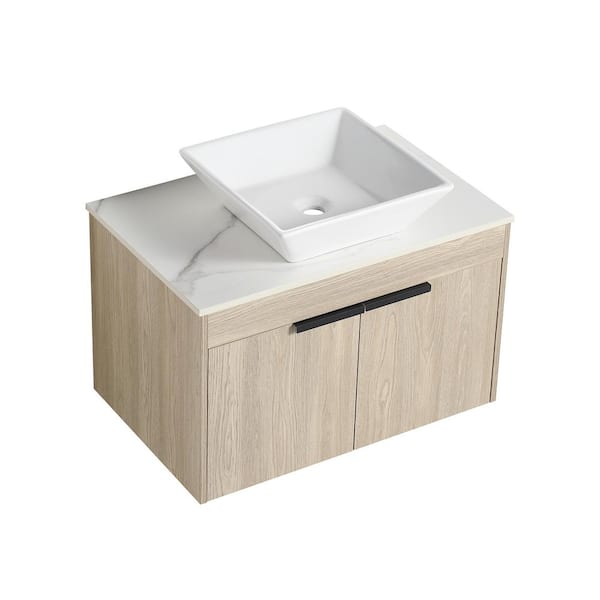 Satico 29.50 in. W x 18.90 in. D x 23.30 in. H Floating Wall-Mounted Bath Vanity in White Oak with White Ceramic Top
