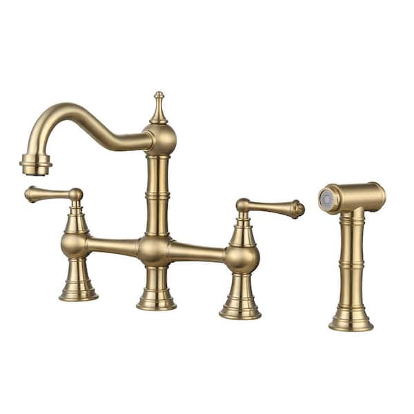 Vintage Double Handle Bridge Kitchen Faucet with Side Sprayer in Brushed Gold