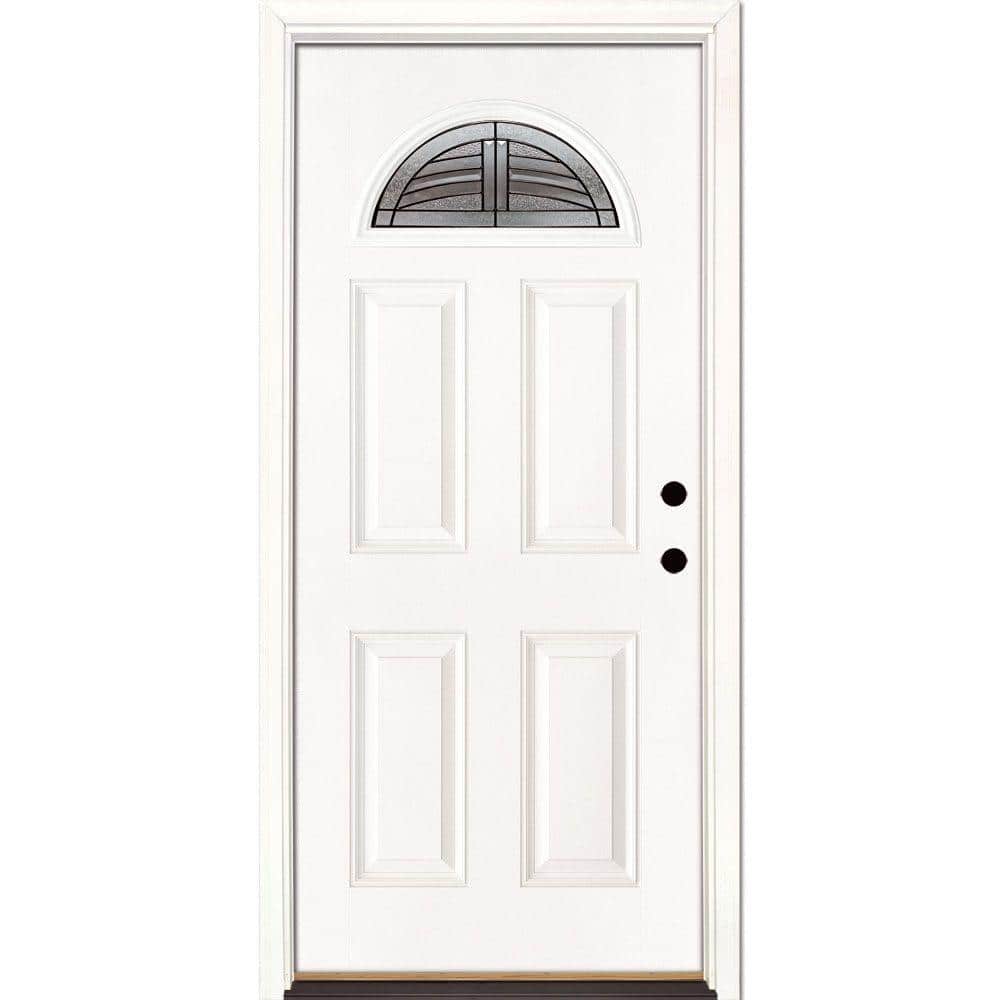 Feather River Doors 37.5 in. x 81.625 in. Rochester Patina Fan Lite Unfinished Smooth Left-Hand Inswing Fiberglass Prehung Front Door, Smooth White: Ready to Paint -  473190