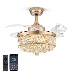 36 in. Modern Indoor Retractable Crystal Ceiling Fan with LED Light and Remote Control Gold