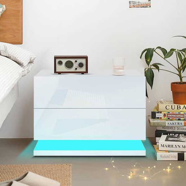 YIYIBYUS Modern High Gloss MDF 2-Drawer White Nightstand