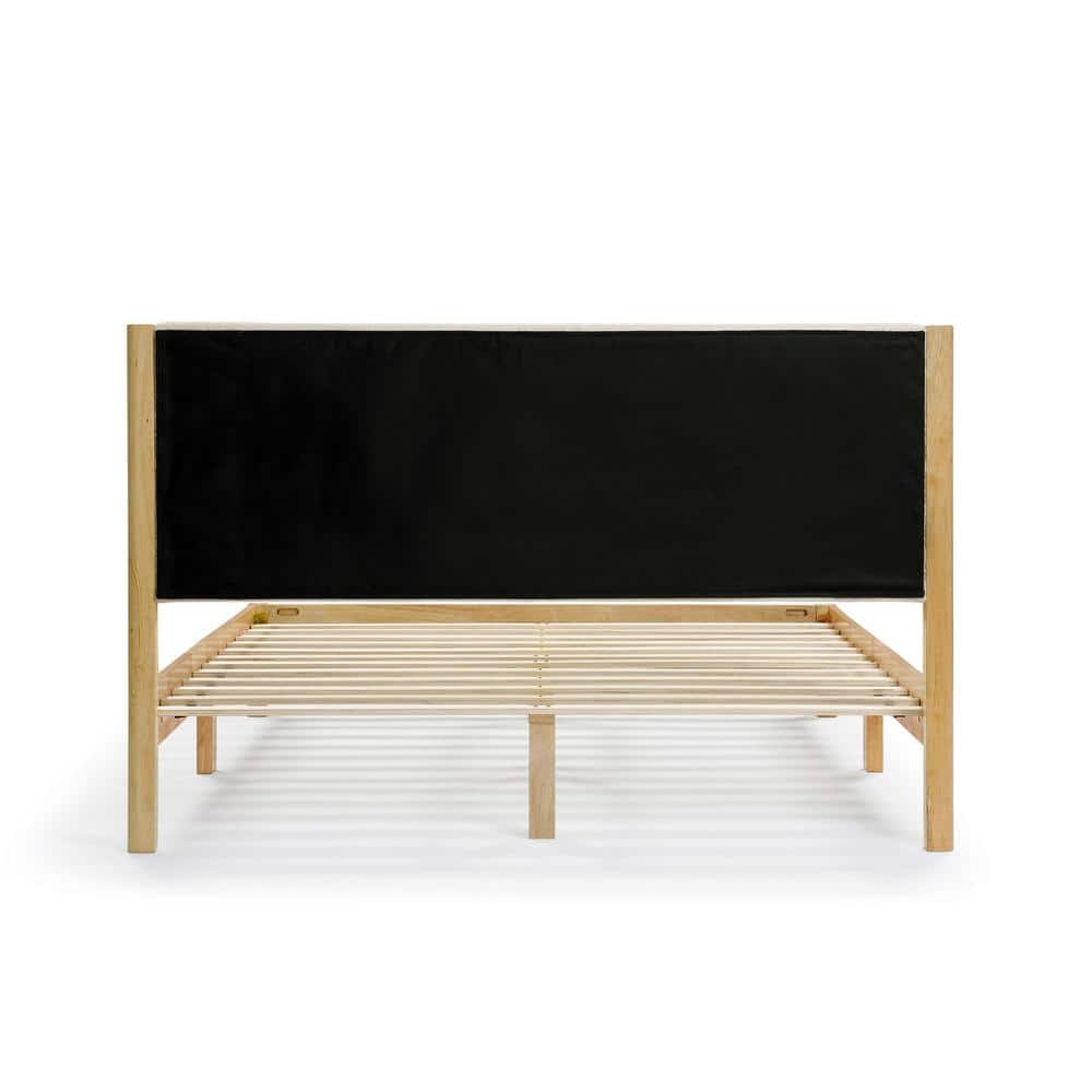 Natural Queen Platform Bed with Boucle Upholstered Headboard