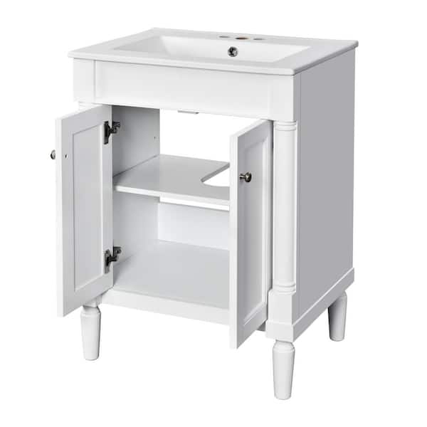 24 in. Single Sink White Bath Vanity with White Ceramic Top and 2-Tier Bathroom Storage Cabinet Assembled
