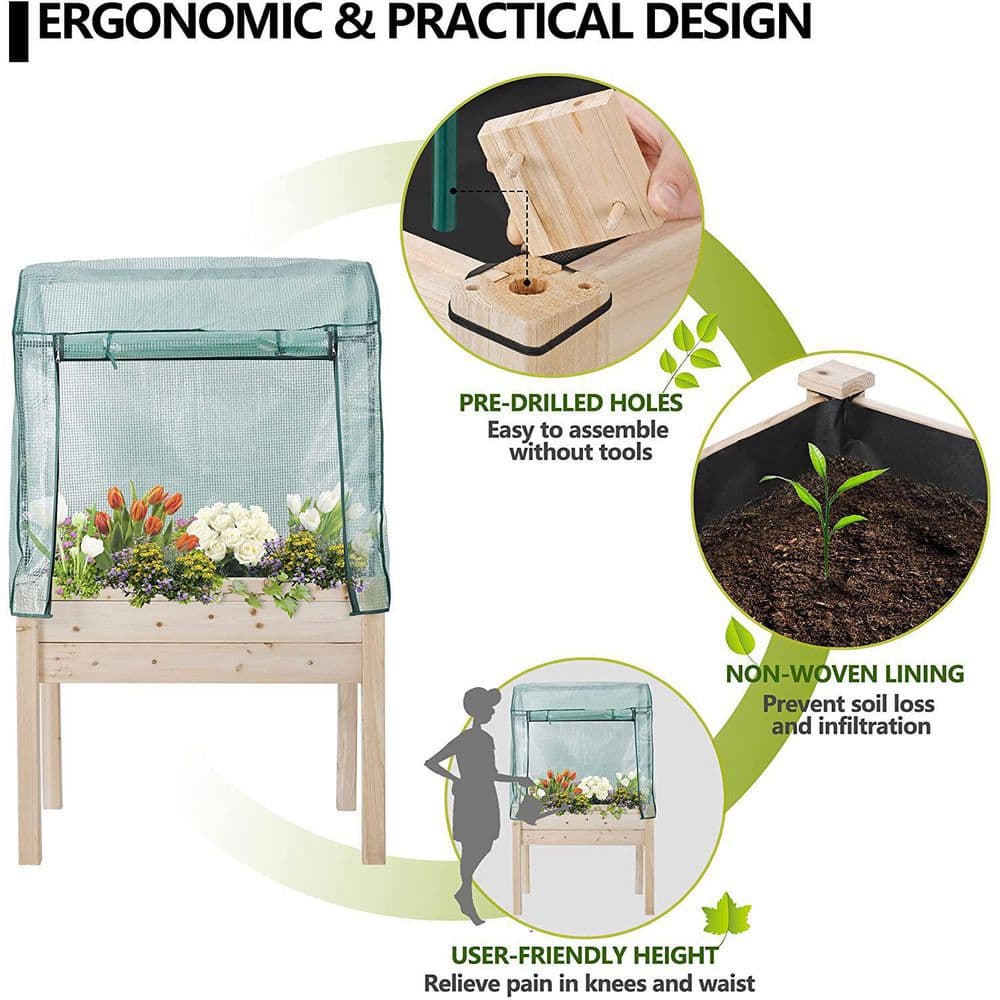 Large Tan Wood Elevated Planter Box with Greenhouse Cover