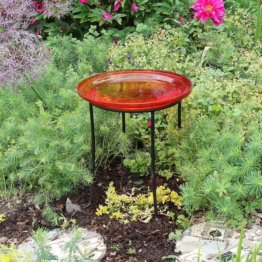 Red Crackle Hand-Blown Glass Hanging Birdbath Bowl