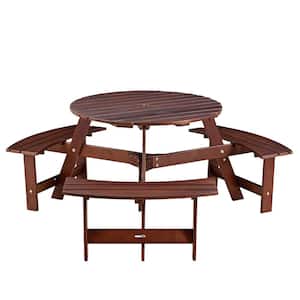 Outdoor Patio 6 Person Wooden Brown Round Picnic Table and Bench Set with Umbrella Holes and 3 Built-in Benches