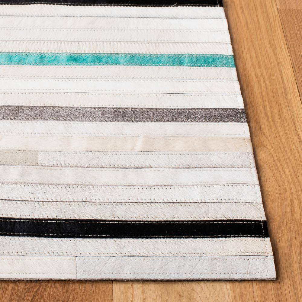 Handmade Gray and Blue Geometric Cowhide Area Rug