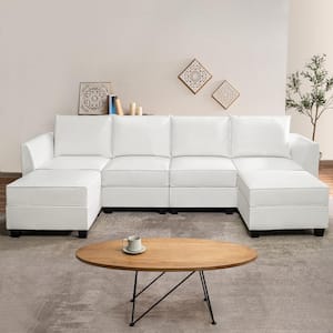 Contemporary 1-Piece Bright White Air Leather U-Shaped Sectional Sofa with Reversible Chaise Double Ottoman