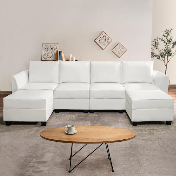 MAYKOOSH Contemporary 1-Piece Bright White Air Leather U-Shaped Sectional Sofa with Reversible Chaise Double Ottoman