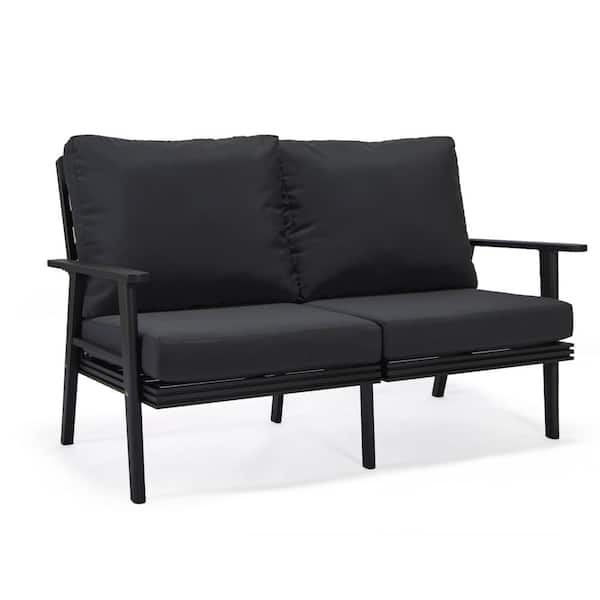 Leisuremod Walbrooke Black 1-Piece Metal Outdoor Loveseat with Charcoal Cushions