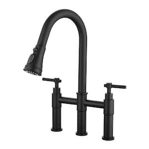 Double Handle Bridge Kitchen Faucet with Pull down Sprayhead in Matte Black