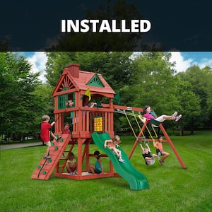 Professionally Installed Nantucket Wooden Outdoor Playsets with Wave Slide, Rock Wall, and Backyard Swingset Accessories