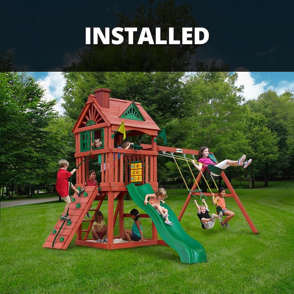 Gorilla Playsets Professionally Installed Nantucket Wooden Outdoor Playsets with Wave Slide, Rock Wall, and Backyard Swingset Accessories
