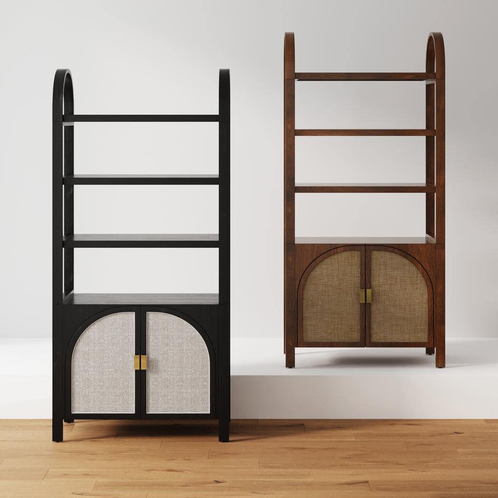 Black Oak 3-Shelf Bookshelf Cabinet with Faux Rattan Doors