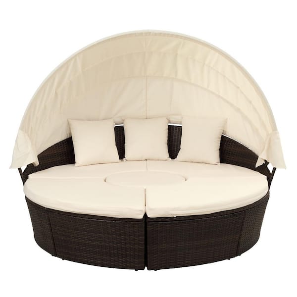 maocao hoom Brown Wicker Outdoor Sectional Set with Beige Cushions and Retractable Canopy