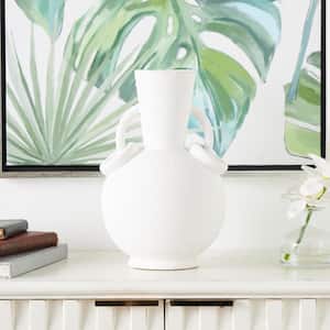 13 in. Cream Textured Ceramic Decorative Vase with Ring Handles