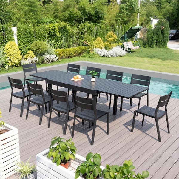 Black 11-Piece Aluminum Outdoor Dining Set with Expandable Rectangle 106 in. Table and Stackable Chairs for 10-Person