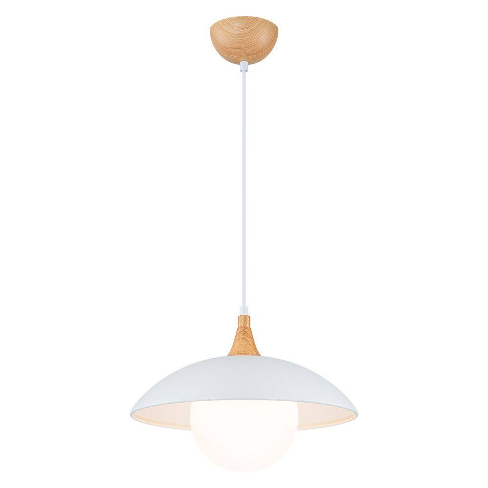14.6 in. Modern Scandinavian White Pendant Light with Wood Grain Accent and Milk Glass Globe Shade for Kitchen Island price history on PriceWatchPro