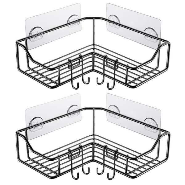 Dracelo Wall Mounted Bathroom Shower Caddies Adhesive Type Coner Organizer Shelf with 4 Hooks in Silver 2-Pack