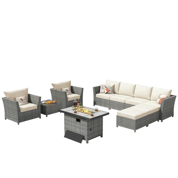 XIZZI Denali Gray 10-Piece Wicker Outerdoor Patio Rectangular Fire Pit Set with Beige Cushions