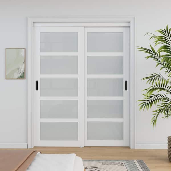 60 in. x 80 in. 5-Lite Frosted Glass Primed White MDF Closet Sliding Door No Grooving Black Handles and Hardware