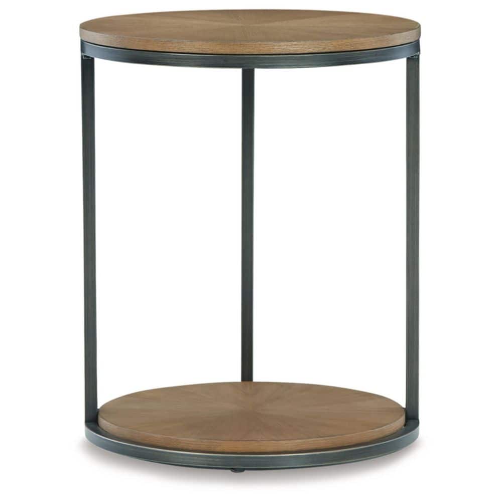 Round Black and Brown Wood Metal End Table with Storage