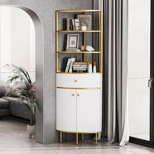 Modern 74.8 in. Tall White Wood Fan-Shaped 3-Shelf Corner Bookcase with Gold Metal Frame for Living Room, Home, Office
