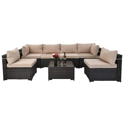 7-Piece Wicker Patio Conversation Sectional Seating Set with Beige Cushions