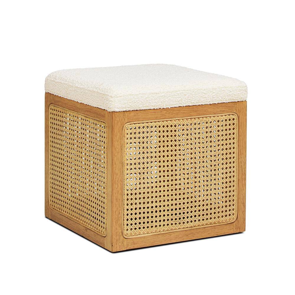Nina 18" Natural Cane Webbing Cube Ottoman with Boucle Upholstery