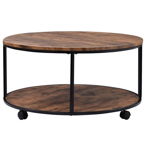 Qualfurn 35 5 In Distressed Brown Round Metal Coffee Table With Caster Wheels And Wood Textured Surface Ctm196233p The Home Depot Wood Textured Surface Ctm196233p, Round Wood And Metal Coffee Table With Wheels