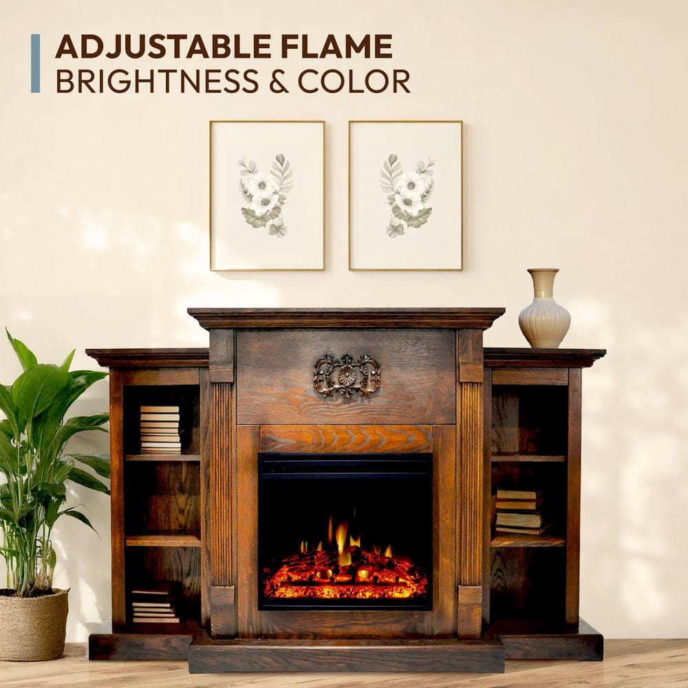 Sanoma 72'' Walnut Electric Fireplace with Mantel and Bookshelves