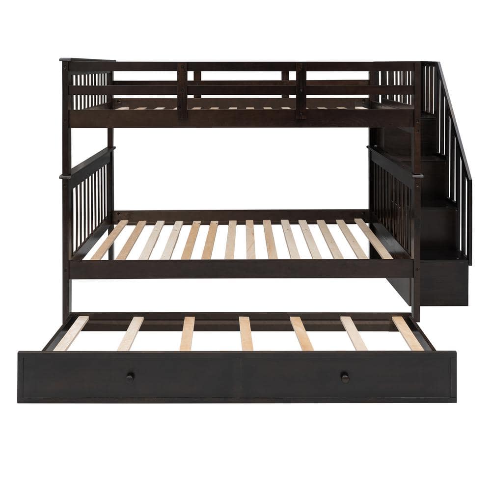 ANBAZAR Espresso Full Over Full Wood Bunk Bed with Twin Trundle and ...