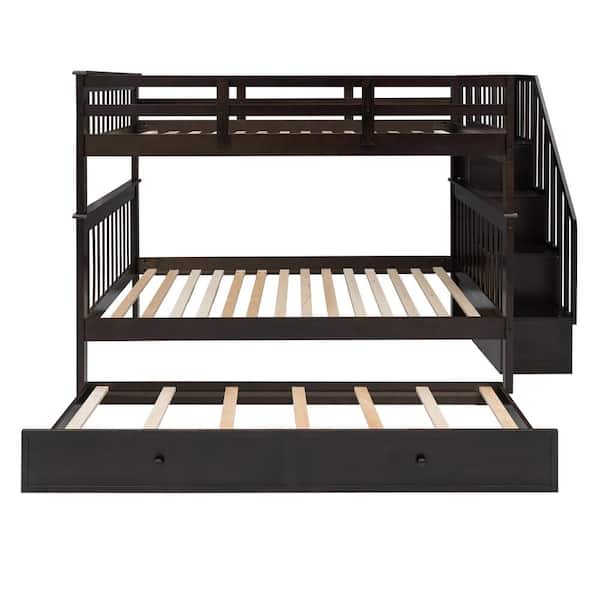 ANBAZAR Espresso Full Over Full Wood Bunk Bed with Twin Trundle and Bookshelves, Detachable Kids Bunk Bed with Staircases