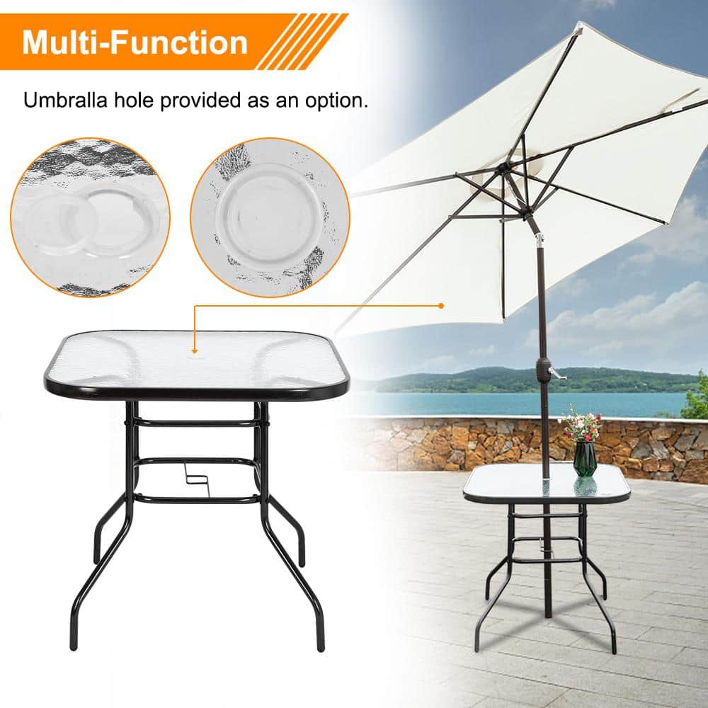 32" Square Black Steel Outdoor Dining Table with Glass Top