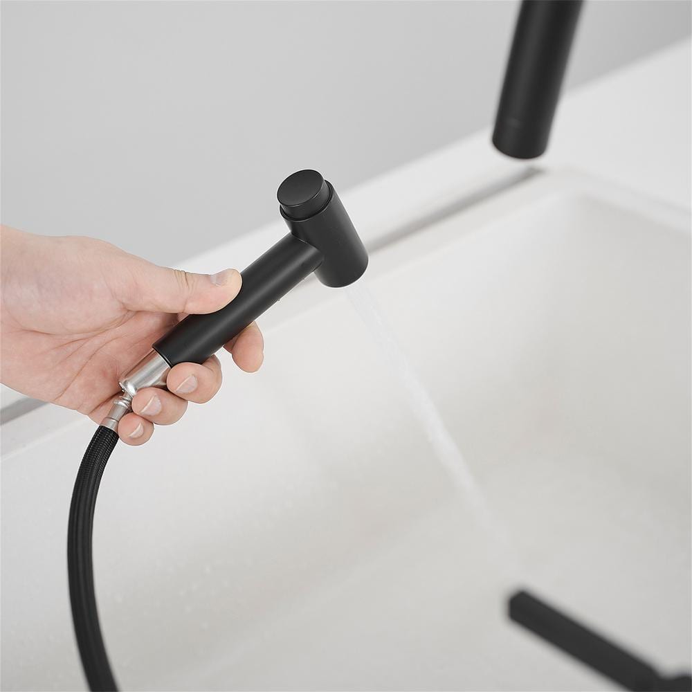 Matte Black Brass Bridge Kitchen Faucet with Side Sprayer