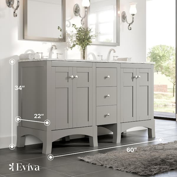 Eviva New Jersey 60 in. W x 22 in. D x 34 in. H Freestanding Double Sinks Bath Vanity in Gray with White Carrara Marble Top