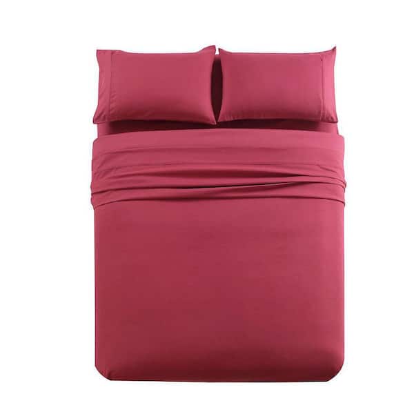 4 Piece Burgundy Microfiber Full Bed Sheet Set