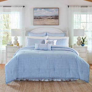 Forsythia 7-Piece Blue Cotton Full / Queen Bonus Comforter Set