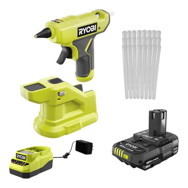 RYOBI ONE+ 18V Cordless Compact Glue Gun Kit with 2.0 Ah Battery, 18V Charger, and 24-Pack 5/16 in. x 6 in. Mini Glue Sticks