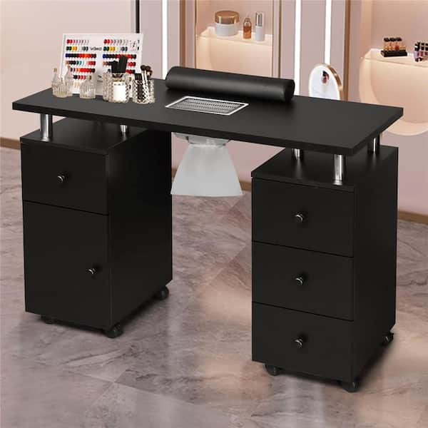 42.5 in. Rectangular Black MDF 3-Drawer Manicure Table Nail Desk with Storage, Doors, Electric Dust Collector