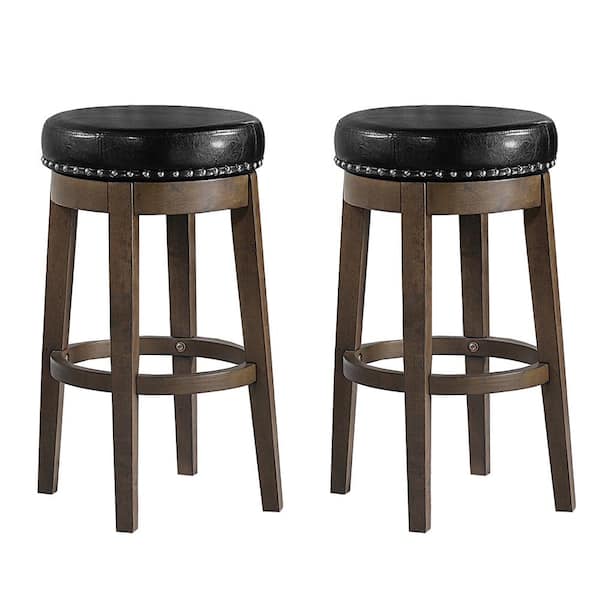 SIMPLE RELAX 29 in. Black, Backless, Wood, Swivel Counter Stool with Faux Leather, Nail Head Trim Seat, Set of 2