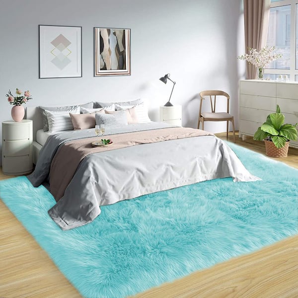 Sheepskin Faux Furry Light Blue Cozy Rugs 8 ft. x 10 ft. Area Rug