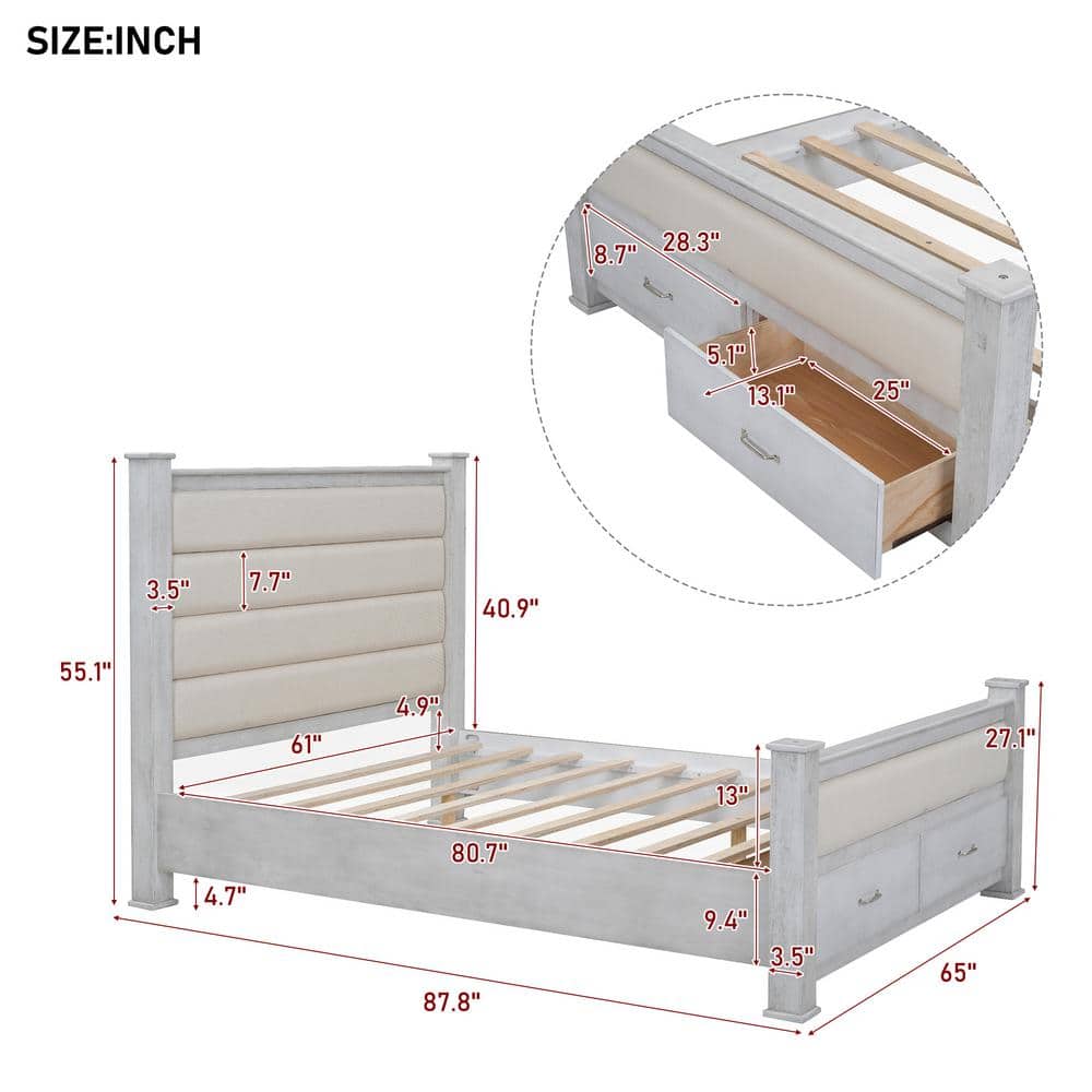 Antique White Queen Pine Wood Platform Bed with Upholstered Headboard and Storage Drawers