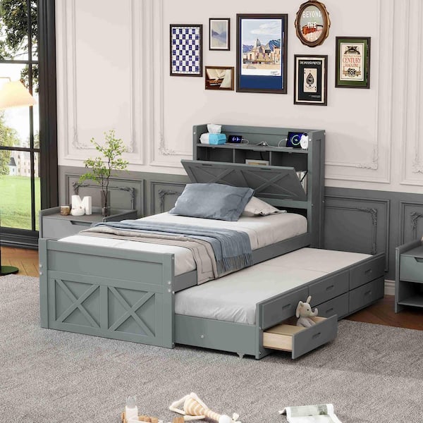 Gray Wood Frame Twin Size Platform Bed with Storage Headboard with Outlets, Twin Size Trundle with 3 Storage Drawers