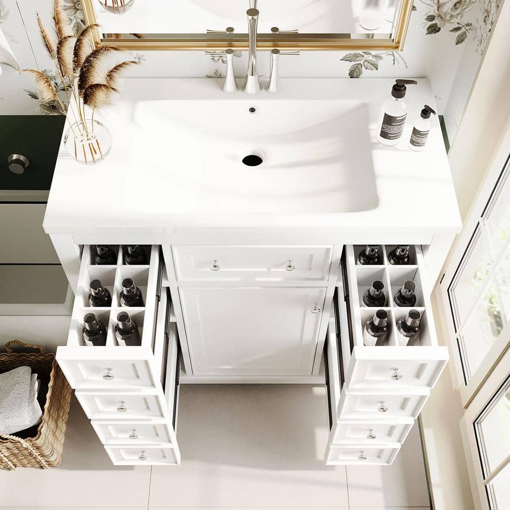 White MDF Bathroom Vanity with Ceramic Sink and Six Drawers