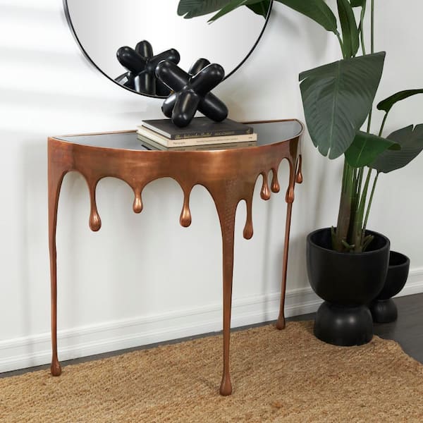 Litton Lane 36 in. x 33 in. Copper Half Moon Aluminum Drip Console Table with Melting Designed Legs and Shaded Glass Top