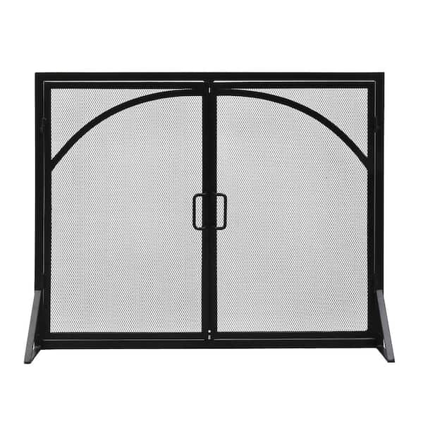 ACHLA DESIGNS 39 in. L, Matte Black Arch Top Classic Fireplace Screen with Doors