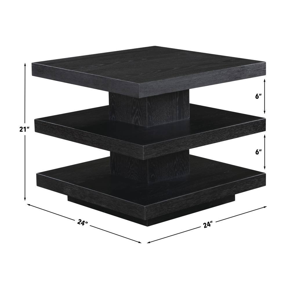 Black Square Pedestal End Table with Oak Veneers