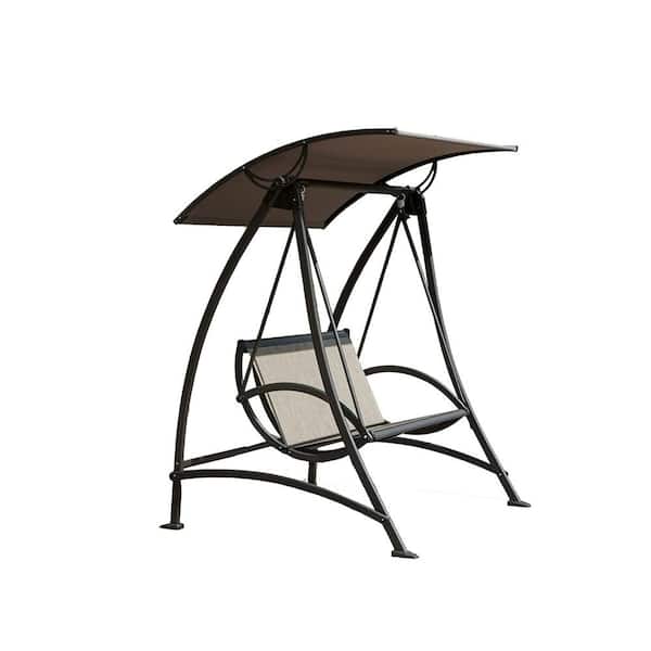 Sudzendf 54 in. 2-Person Dark Brown Metal Outdoor Porch Swing with Adjustable Canopy, Patio Swing Glider