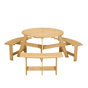 63 in. Natural Brown Round Wood and Metal Picnic Table Seats 6-People with 3-Built-in Benches, Umbrella Hole